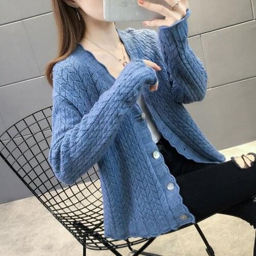 Sweater Cardigan Cute black blue Sweater Coat Women Cardigans Knitted 2020 Korean Autumn white Long Sleeve Sweater