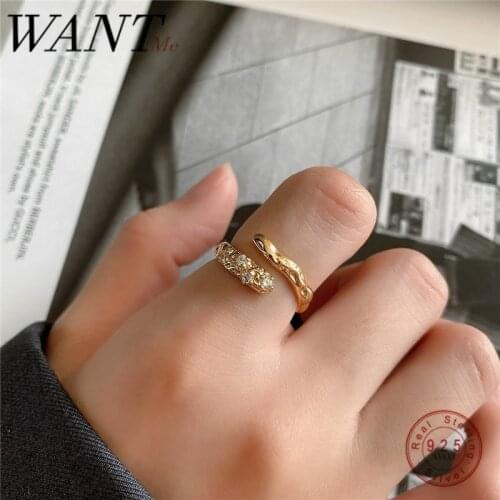 WANTME New Genuine 100% 925 Sterling Silver White Zircon Geometric Irregular Adjustable Ring for Women Punk Hip Hop Fine Jewelry