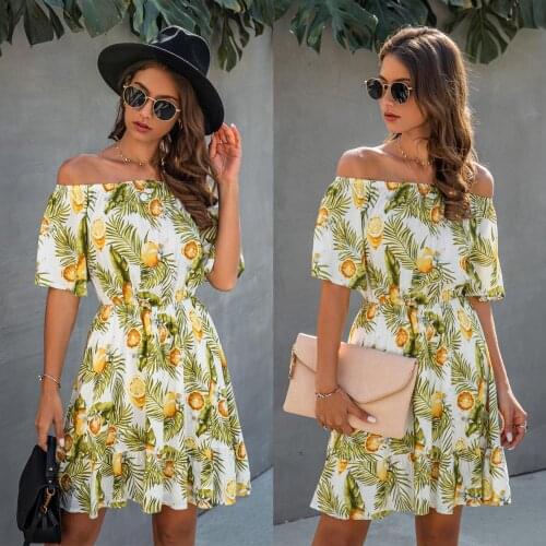 New Sexy Off Shoulder Slash Neck Half Sleeve Women Dresses Summer Lemon Leaf Print Elastic Waist Beach Dress Ladies A-line Dress