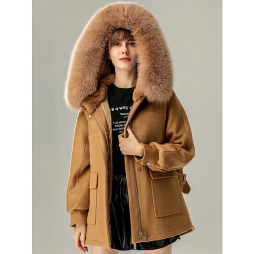 100% Wool Fur Coat Fox Fur Collar Hooded Female Winter Parkas Rex Rabbit Fur Liner Womens Coats Warm Jacket Woman Ropa Zjt967