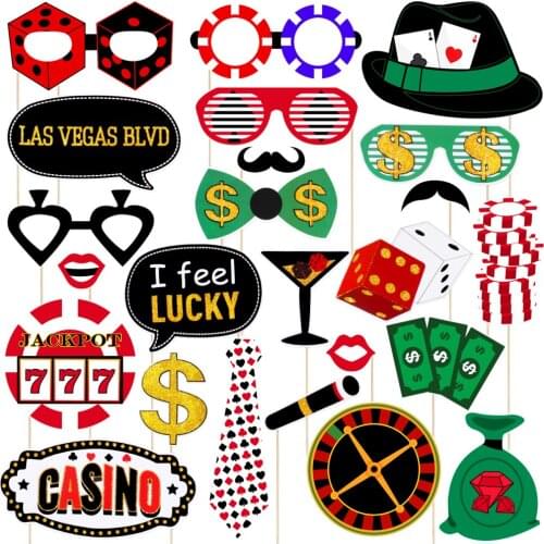 AMOSFUN 24Pcs Funny Las Vegas Party Photo Booth Props with Wooden Sticks Creative Party Decoration Supplies (Glitter)