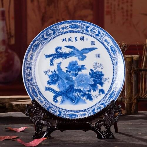 Antique Inmitation Artistic Blue and White Porcelain Decoration Plate / Dish with Pheonixes Totem Painting