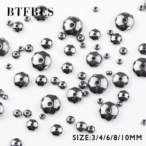 BTFBES Faceted Hematite Flat Round Loose Beads Natural Black Stone Ball Selectable 3/4/6/8/10MM Beads For Jewelry Bracelet DIY