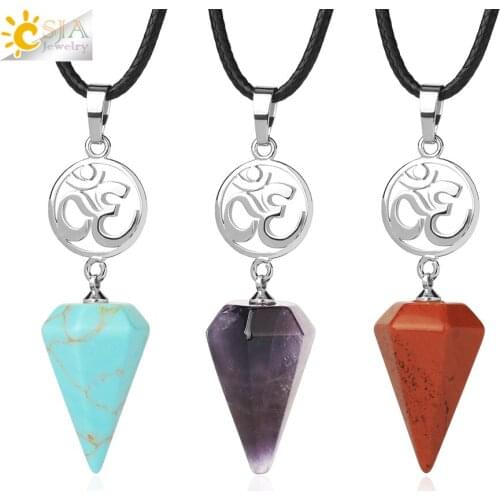 CSJA Fashion Natural Stone Pendant Rose Crystal Quartz Necklaces Small OM Cone Spiritual Chakra Necklace for Women Men G757