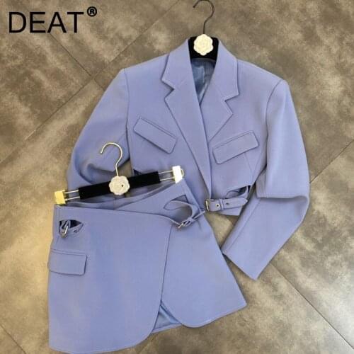 DEAT Women Skirt Sashes Drawstring New Turn Down Collar Short Two Piece Set Fashion Temperament Autumn 2021 11J0175