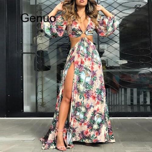 Women Summer Fall Floral Print Cutout Thigh Slit Maxi Dress Holiday Vocation Boho Beach Long Dress Sexy Backless Party Vestidos