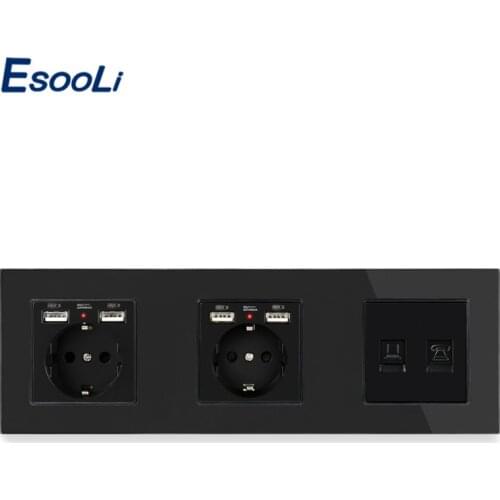 ESOOLI Glass Panel Double EU Standard Socket + 4 USB Charge Port RJ45 Internet Jack With Internet Computer Data RJ45 CAT5E