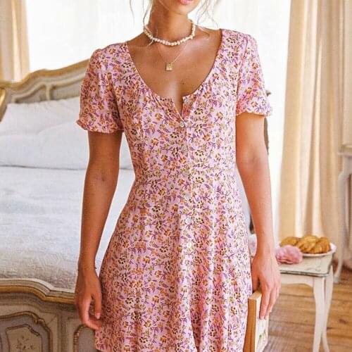 Jastie 2021 Summer Women Dresses Floral Print V-Neck Puff Sleeve Short Sleeve Mini Dress Bohemian Prom Beach Casual Female Dress