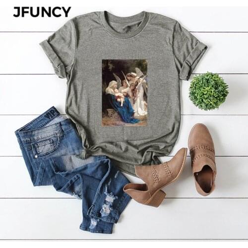 JFUNCY Retro Oil Painting Print T Shirt Women Short Sleeve Loose Tshirt Woman Summer Cotton Tee Shirts Plus Size Female Tops