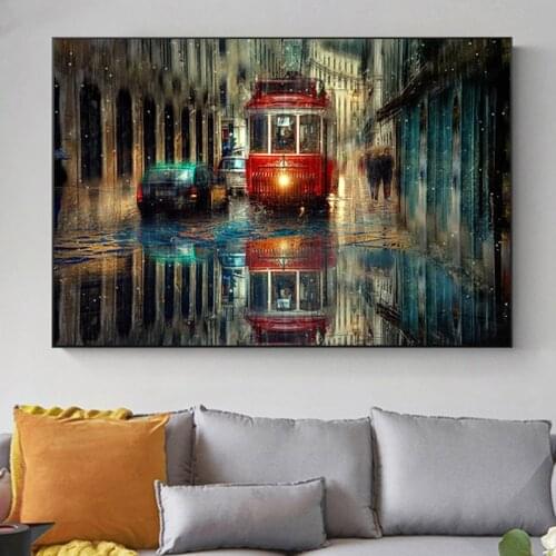 Large Retro Tram Rain City Street Oil Painting Graphic Artwork Cuadros Canvas Poster and Print Wall Art Pictures for Living Room