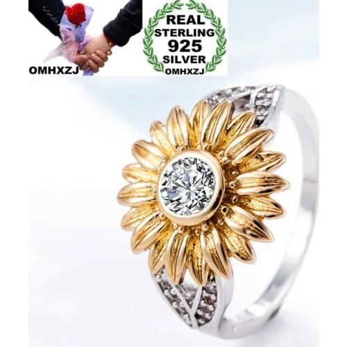 OMHXZJ Wholesale Personality Fashion OL Woman Girl Party Wedding Gift Gold Sunflower AAA Zircon 925 Sterling Silver Ring RN207