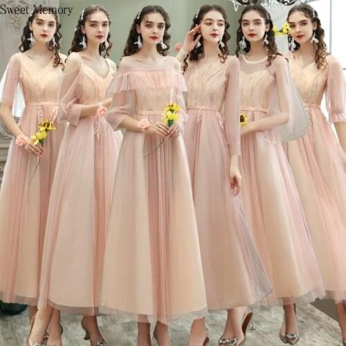 N2056 Sweet Memory V-Neck Full Sleeve Pink Bridesmaid Dresses Graduation Prom Party Gown Vestidos Robe De Soriee