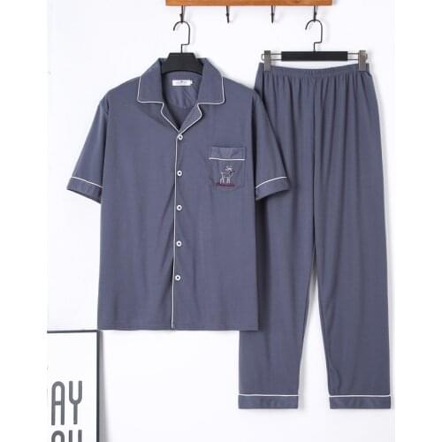 Autumn New Knitted Cotton Short Sleeve Men Pajamas Sets Male Pajama Set Letter Pajama for Men Sleepwear Suit Homewear Clothes