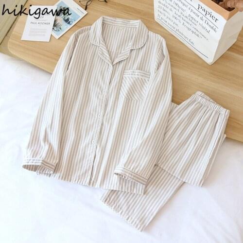 Hikgawa Couple Pajamas Fashion Striped Home Clothing Laong Sleeve Trousers Suit Female Korean Pujama Pour Femme 2 Piece Set