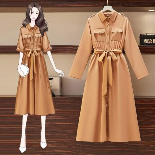 Puls Size New Women Summer Fall Elegant Khaki Long Sleeve Khaki Shirt Dress Lace Up Slim Fashion Casual Chic A Line Midi Dress