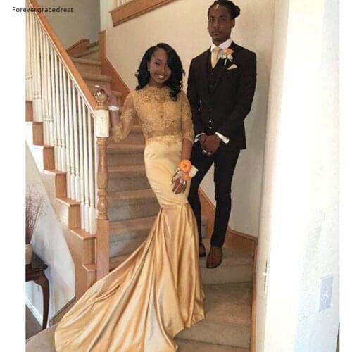 Long Sleeve Gold Prom Dress Modest African Mermaid Satin Formal Party Gown Custom Made Plus Size