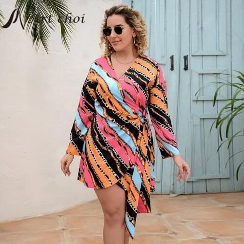 Summer Women MIni Colour Print Dress Female Boho Beach Elegant V-Neck Long Sleeve Ladies Cross Bandage Party Vestido Plus Size