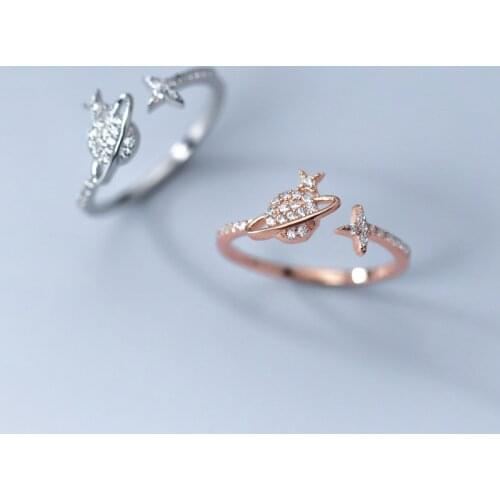 Real 925 Sterling Silver Rings for Women Teen Girls CZ Zircon Crystal Saturn Star Adjustable Ring Female Fashion Jewelry 2021
