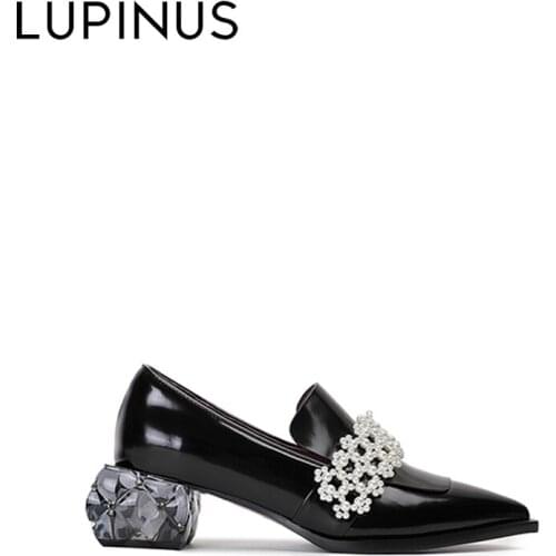 LUPINUS Luxury Brand Crystal Heel Leather Shoes Women Pearly Decorate Women Mary Jane Shoes British Style Black Loafers Woman