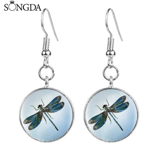 SONGDA Cute Dragonfly Art Photo Round Hook Earrings Animal Flower Glass Cabochon Drop Earrings Fashion Jewelry