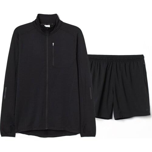 2 Piece Jogging Sweatsuit Set Long Sleeve Running Jacket Casual Black Zipper Short Pants Unisex