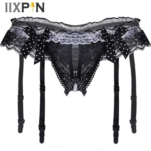 Women Sexy Panties Erotic Underwear G-string Crotchless Open Back Ruffle Lace Low Rise Thongs Underwear Underpants With Garters