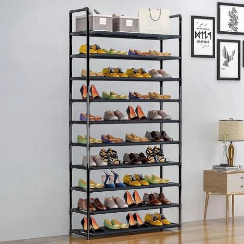 Easy to assemble 10-layer non-woven shoe rack, black large shoe storage rack with handle, corridor shoe storage rack HWC