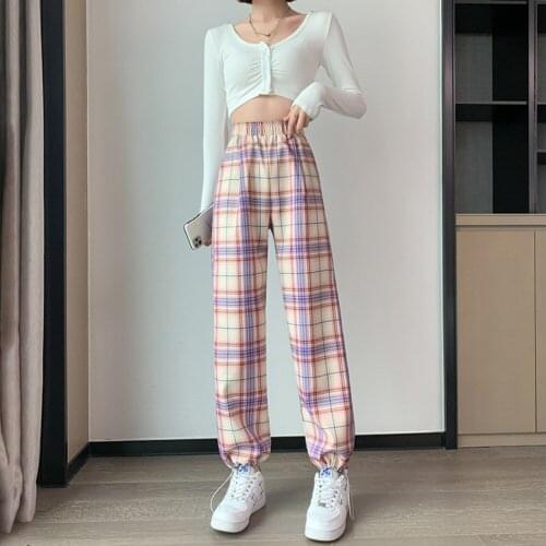 Vintage Pink Plaid Pants Elastic Waist Plus Size Clothing for Women Casual Loose Wide Leg Pants Pockets Harajuku Korean Femme