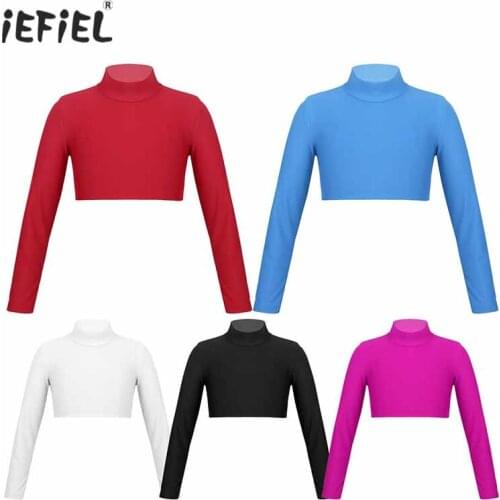 Children Gymnastics Dance Wear Stylish Tops Kids Girls Solid Color Long Sleeve Turtleneck Crop Top for Dancing Stage Performance