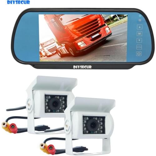 DIYSECUR 7" Mirror Monitor Car Monitor Waterproof Night Vision CCD Rear View Car Camera White for Truck Caravan Bus Van 1V2
