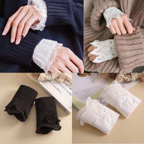 Women Fake Flare Sleeves Floral Lace Pleated Ruched False Cuffs False Sleeves Blouse Apparel Dress Sweater Wrist Short Sleeve