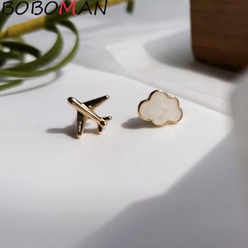 Sale Cute Mini Asymmetric Aircraft Airplane Clouds Earrings Small Student Metal Vintage Enamel Jewelry For Women
