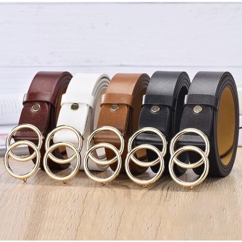 Female Soft Faux Leather Double Ring Buckle Vintage Decorative Casual Tighten All-Match Lightweight Long Women Belt Solid Holes