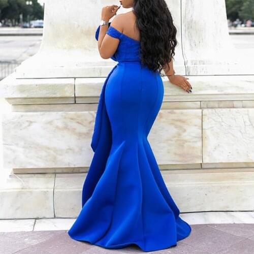 2020 Women Summer Sexy Off Shoulder Lace Beads Ruffle Bodycon Dresses Female Solid Blue Red Color Elegant Long Maxi Formal Dress