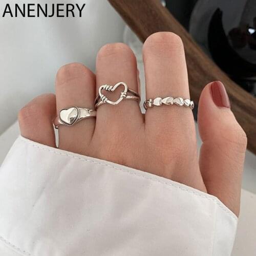 ANENJERY 925 Sterling Silver Fashion Retro Love Heart Ring for Women Thai Silver Jewelry Minimalist Accessories Gift S-R920