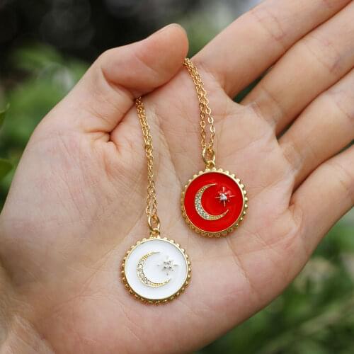1PCS Trendy Hot Style Enameled Gold Color Round moon Star Cubic Zircon Pendant Necklace Fashion Women Adjustable O-Chain Jewelry