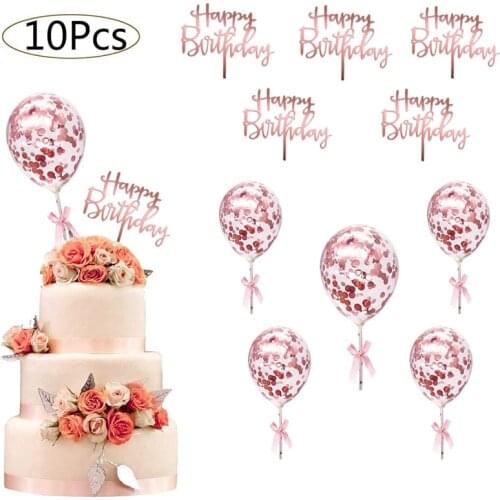 10Pcs/bag Happy Birthday Cake Topper Gold Rose Gold Balloon Cake Toppers Baby Shower Kids Birthday Party Favors Decorations
