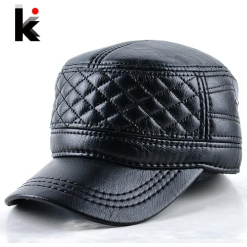2018 Mens leather hat winter warm military style baseball cap with ear flaps russia flat top hats for men casquette