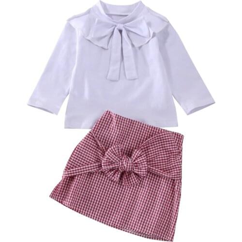 1-5Y Toddler Kid Baby Girl Clothes Sets Bownot White T-Shirt Tops+Plaid Skirt Outfits Autumn Clothes Sets
