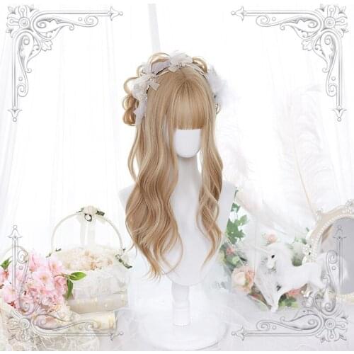 Long Wavy Bangs Female Lolita Wig Women Golden Slight Curly Wigs Cosplay Party