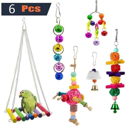 Parrot Toys Bird Cage Swing Hammock Pet Bird Mirror Bell Wood Hanging Toys Macaw Parrot Love Bird Finches Bird Toys Pet Supplies
