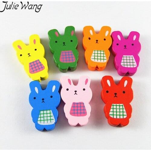 Julie Wang 100pcs/pack Mixed Color Colorful Wooden Beads Cute Sweet Bunny Shape Jewelry Accessories Wedding Present DIY