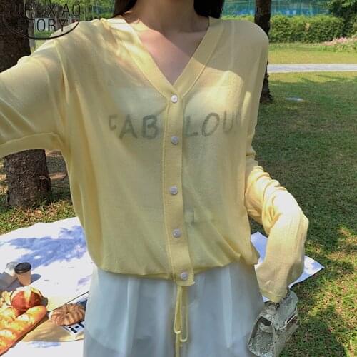 2021 Summer New Soft Chic Sun-protection Shirts Women Knit Loose Single-Breasted 10 Color Thin Solid Casual V-neck Cardigan 9993