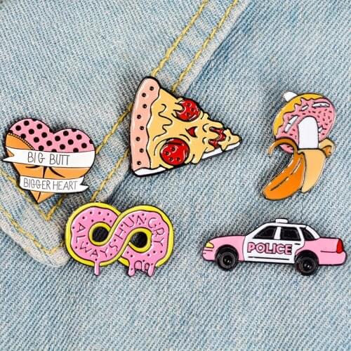 Pink Collection Enamel Pin Car Banana Donut Pizza Heart Brooch Lapel Pin Jeans Shirt Cartoon Jewelry Gift for Friends Wholesale