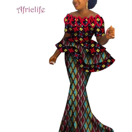 African Skirt For Women Wax Print 2 Ps Suit Set For Lady Bazin Riche Asymmetrical Collar Ruffles Short Sleeve And Trumpet WY9253