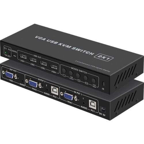 HDmatters VGA KVM Switcher 2X1 with VGA Multi-viewer function with audio in&out VGA Multiviewer KVM Switch with Remote