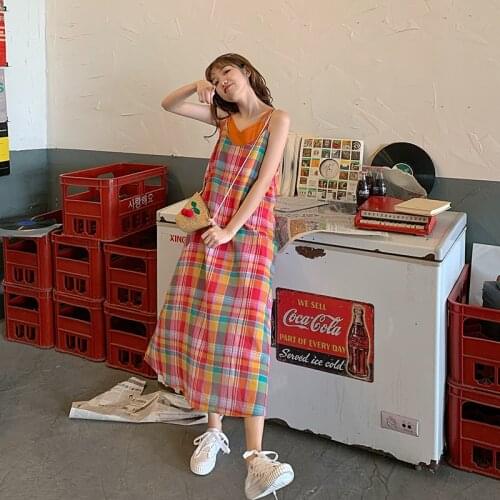 Summer Sweet Rainbow Plaid Dress Suits Women Holiday Seaside Dress Female Sling A-line Dress Two-piece Suit