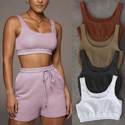 Summer Two Piece Set Crop Top Tank Top Solid Sportswear Women Elasticity Shorts Athleisure 2021 New Fashion Casual Sets Outfits