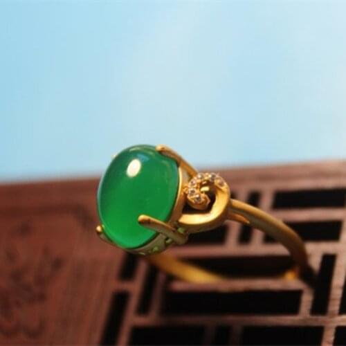 Wholesale Fashion Jewelry Green Chalcedony Euro-American Special Silver plating ring for Women feature concise namour charm Gift