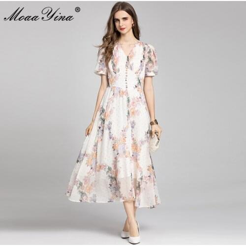 MoaaYina Fashion Runway Designer Summer Dress Womens V-Neck Short sleeve Floral print Long Holiday Party Dress